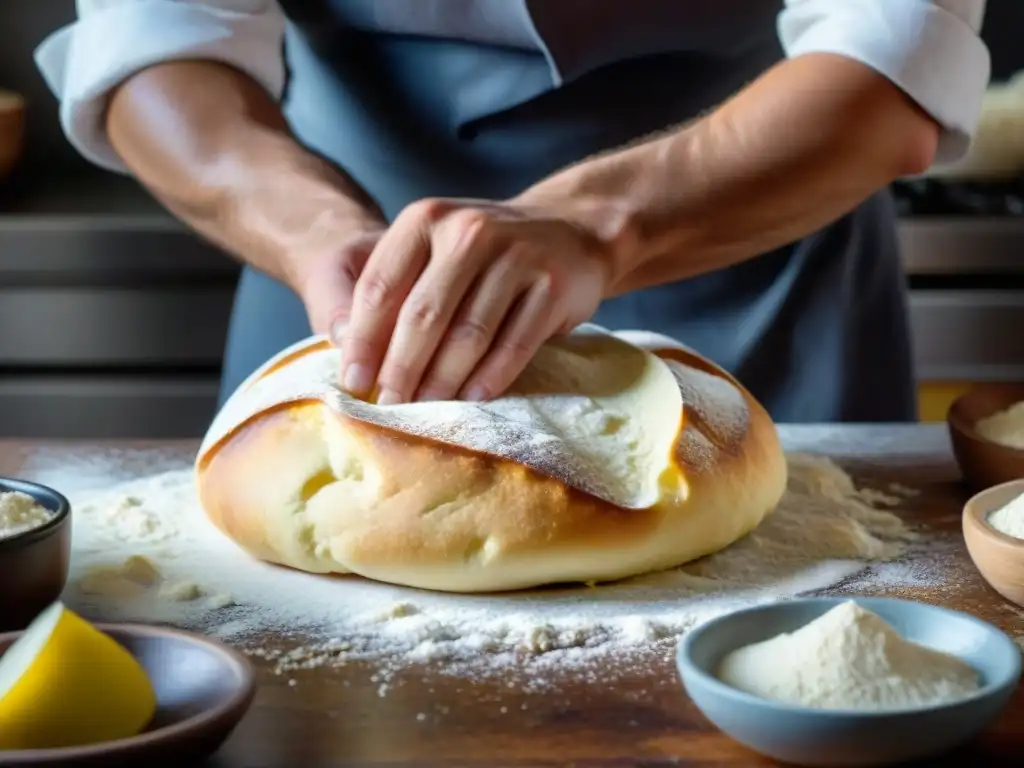 Un chef hábil amasa la masa de una Torta al Testo receta tradicional, mostrando técnicas tradicionales