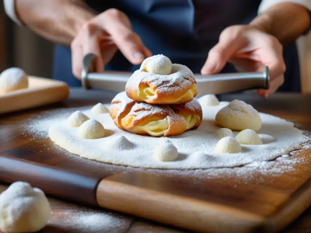 Un chef moldea masa para Zeppole con destreza, en un ambiente rústico de cocina