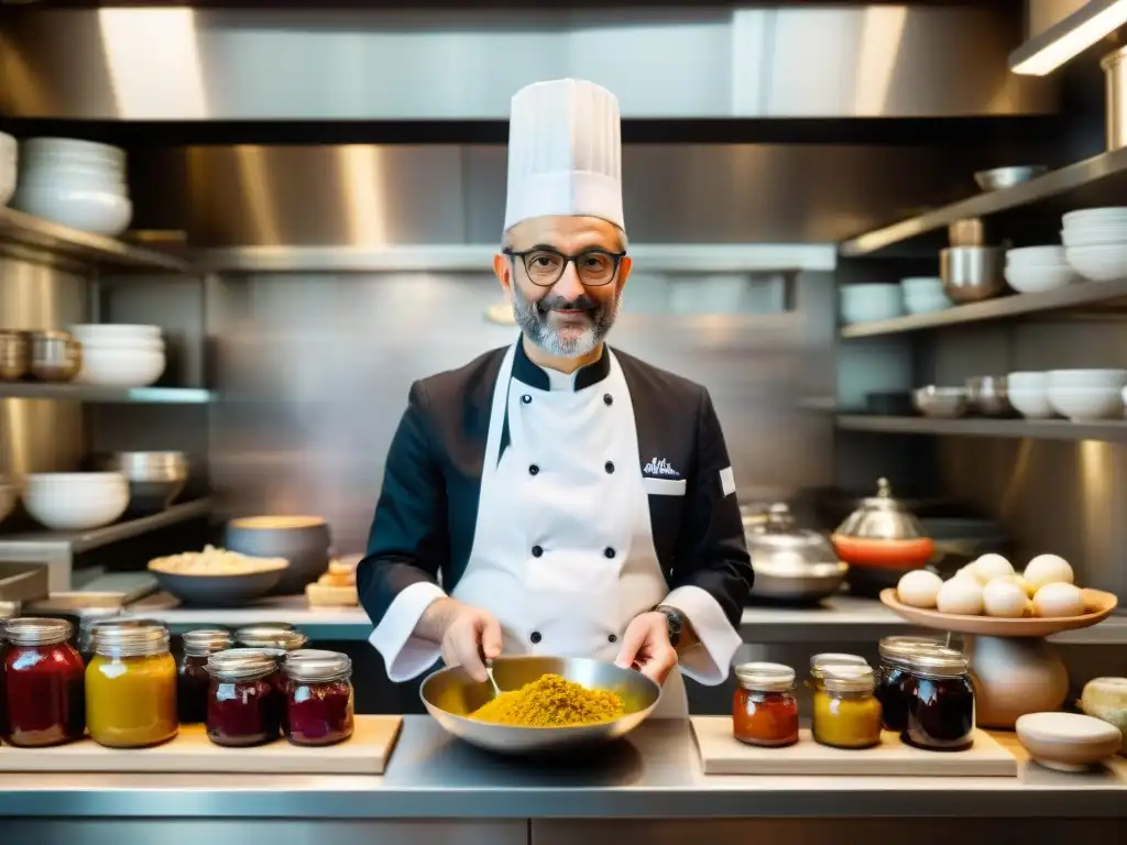 El chef Massimo Bottura y su equipo en una cocina italiana bulliciosa, cocinando recetas tradicionales con pasión