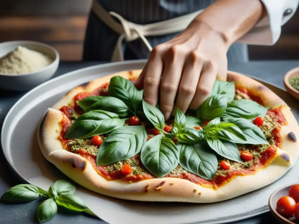 Chef esparciendo las mejores hierbas y especias sobre masa de pizza italiana, en ambiente rústico