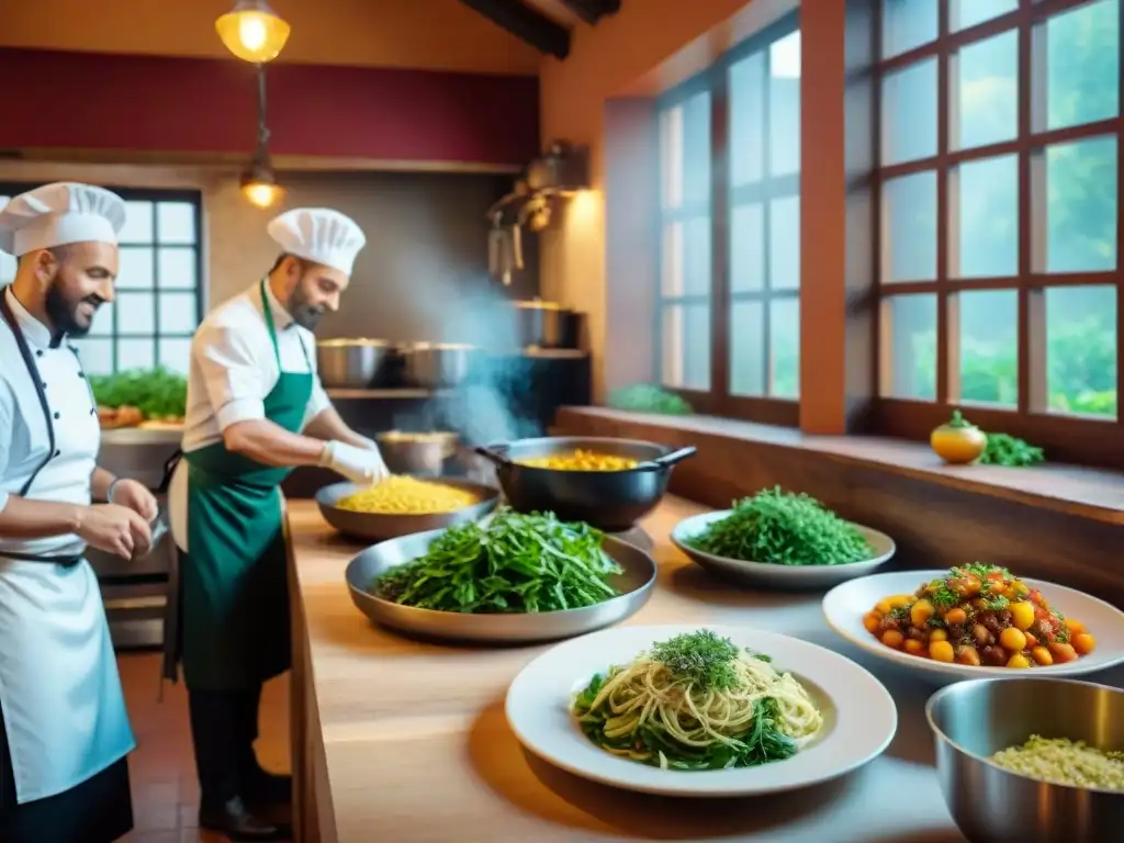 Chef preparando menú italiano vegetariano y vegano en trattoria rústica