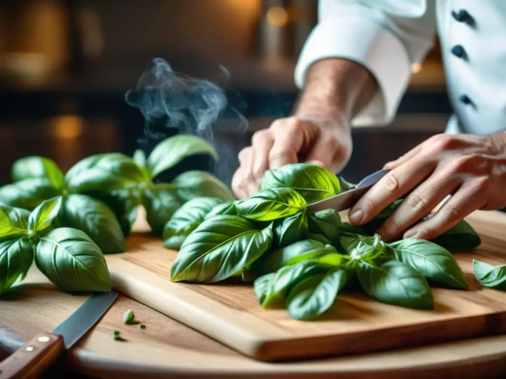 Un chef corta meticulosamente hojas de albahaca fresca en una tabla de madera rústica, con luz natural suave resaltando los detalles