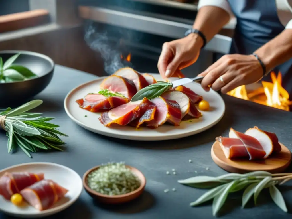 Un chef prepara con meticulosidad una receta saltimbocca saludable tradicional