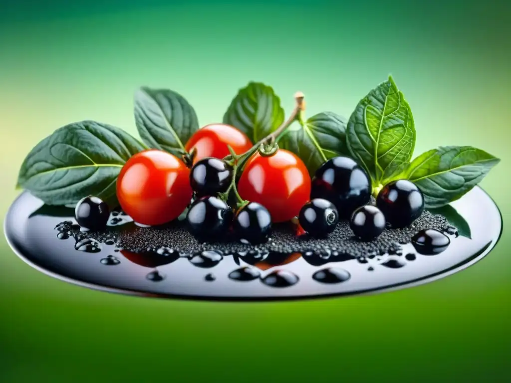 Un chef meticuloso añade vinagre balsámico a caviar, con tomates y albahaca, mostrando innovaciones culinarias italianas sabores intensificados