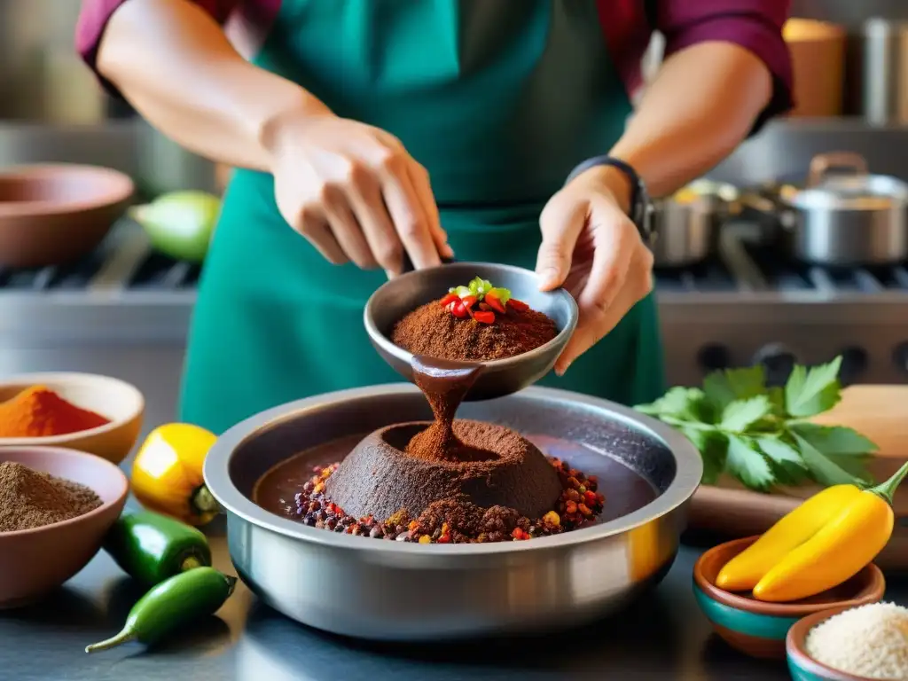 Un chef mexicano preparando mole con influencia cocina italiana mientras mezcla ingredientes en molcajete