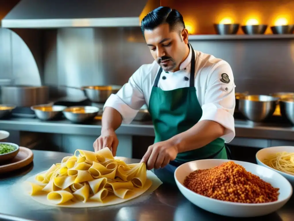 Chef mexicano enrollando pasta fresca en restaurante italiano, fusionando influencia cocina italiana gastronomía mexicana