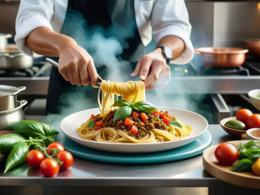 Un chef mexicano prepara pasta italiana en una cocina bulliciosa, fusionando influencias culinarias