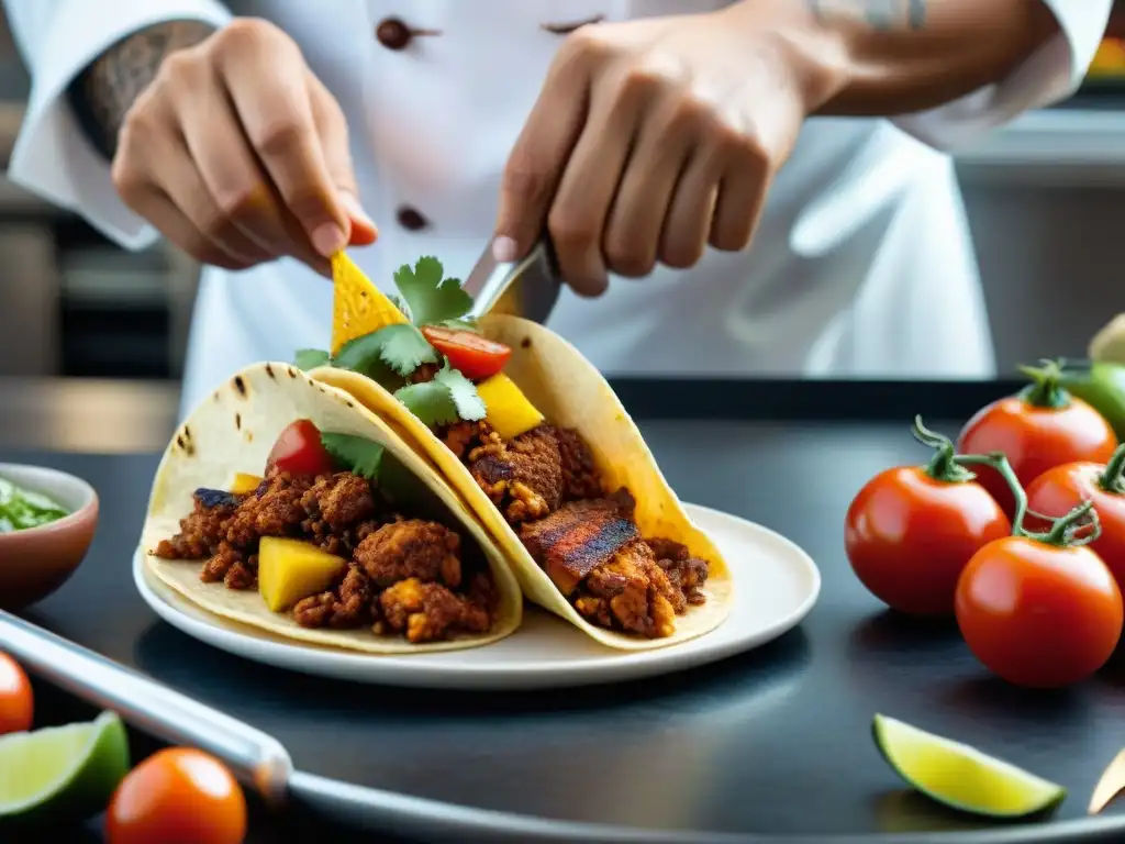 Un chef mexicano preparando Tacos al Pastor con un toque italiano, fusionando sabores en una cocina moderna