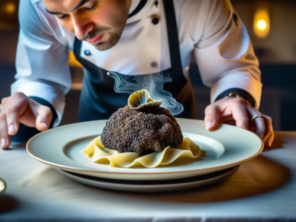 Un chef Michelin rallando trufas negras sobre pasta artesanal en restaurante elegante en Italia, invitando a comer trufas en restaurantes Michelin