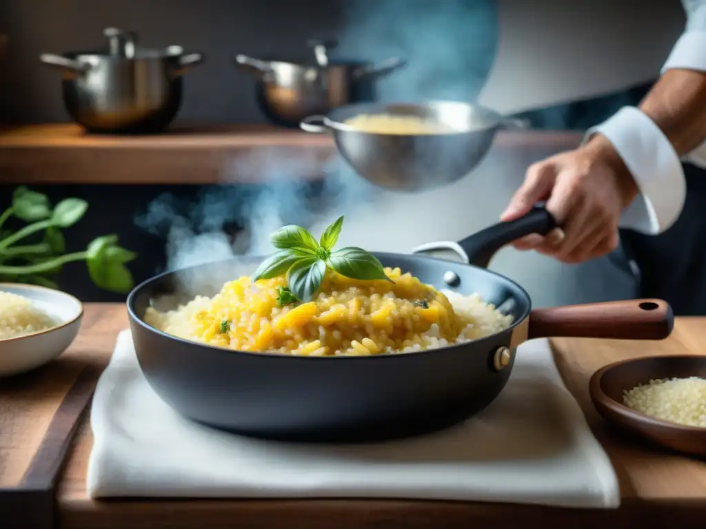 Un chef remueve risotto alla Milanese en una cocina italiana, con ingredientes frescos y vibrantes