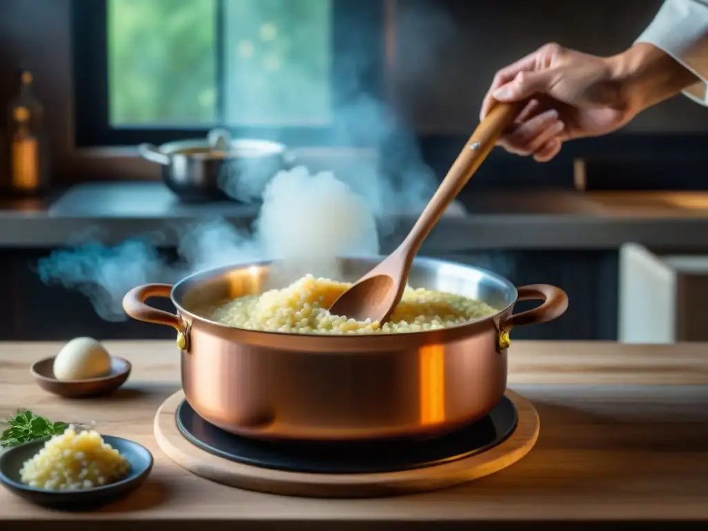 Un chef remueve risotto alla Milanese en olla de cobre, reflejando la historia del risotto alla Milanese en cocina italiana tradicional