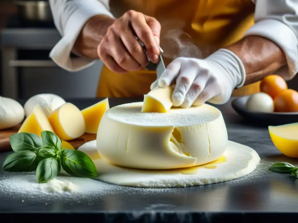 El chef moldea mozzarella fresca con destreza, evolución culinaria en Campania