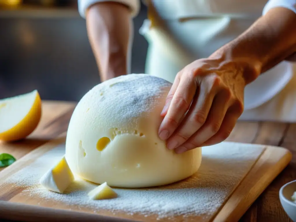 Un chef hábil moldea la mozzarella vegana con destreza, creando la receta mozzarella vegana italiana perfecta