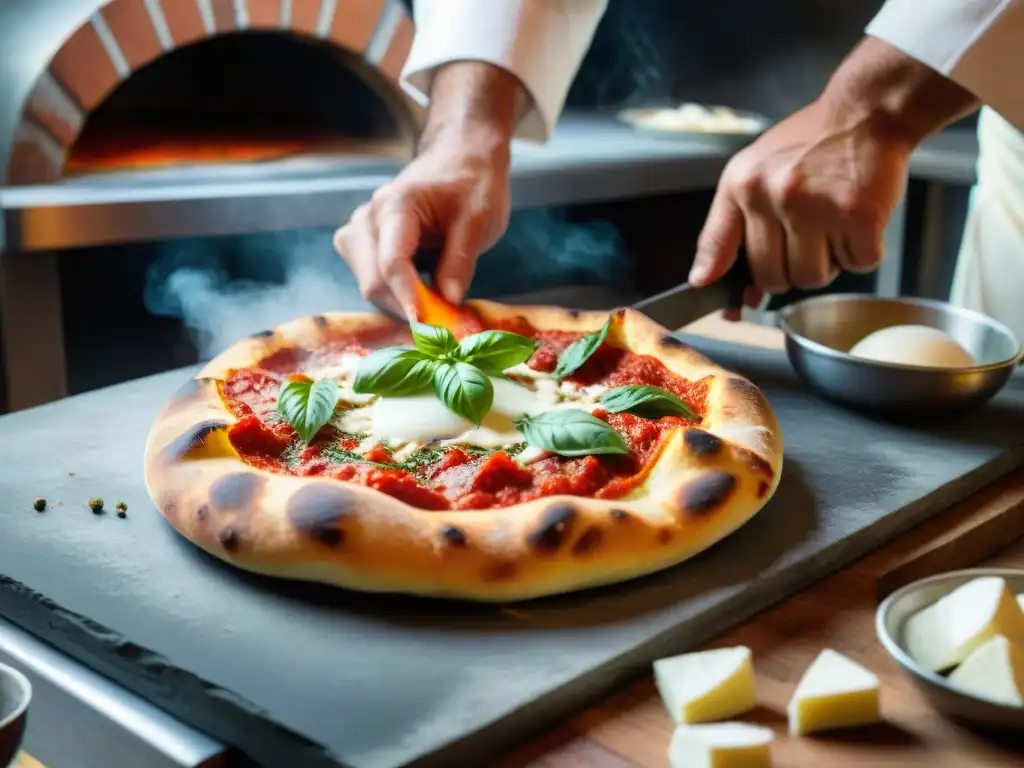 Un chef napolitano experto elabora una auténtica pizza con trucos de chefs napolitanos en una cocina rústica italiana