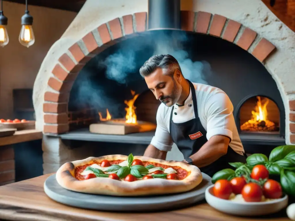 Un chef napolitano experto estira la masa de pizza con habilidad, rodeado de ingredientes tradicionales italianos en una pizzería auténtica