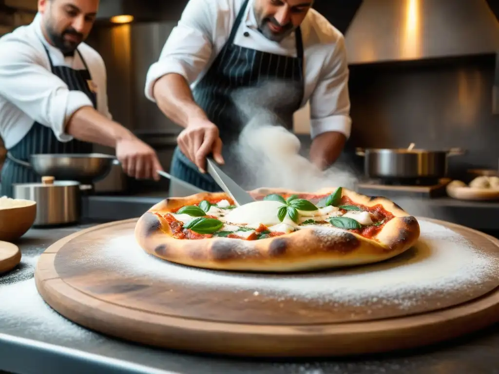 Un chef napolitano experto realiza trucos para una pizza perfecta, mostrando destreza y tradición en la cocina