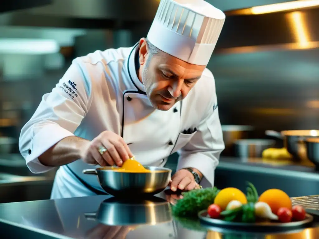 Heinz Beck creando obra maestra culinaria en cocina italiana de lujo Chef Heinz Beck preparando una obra maestra de cocina italiana moderna en su elegante restaurante en Italia