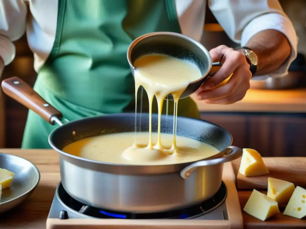 Un chef revuelve expertamente una olla de fonduta tradicional italiana en una cocina rústica del norte de Italia