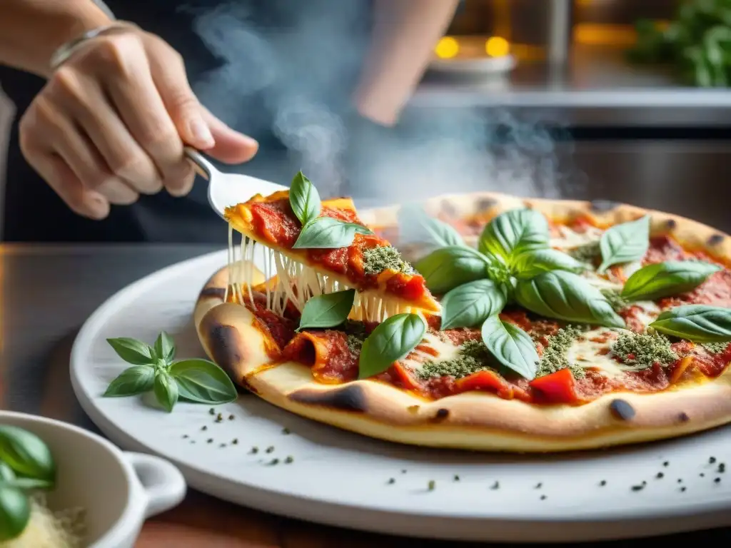 Un chef espolvorea orégano fresco sobre una pizza italiana en una bulliciosa pizzería