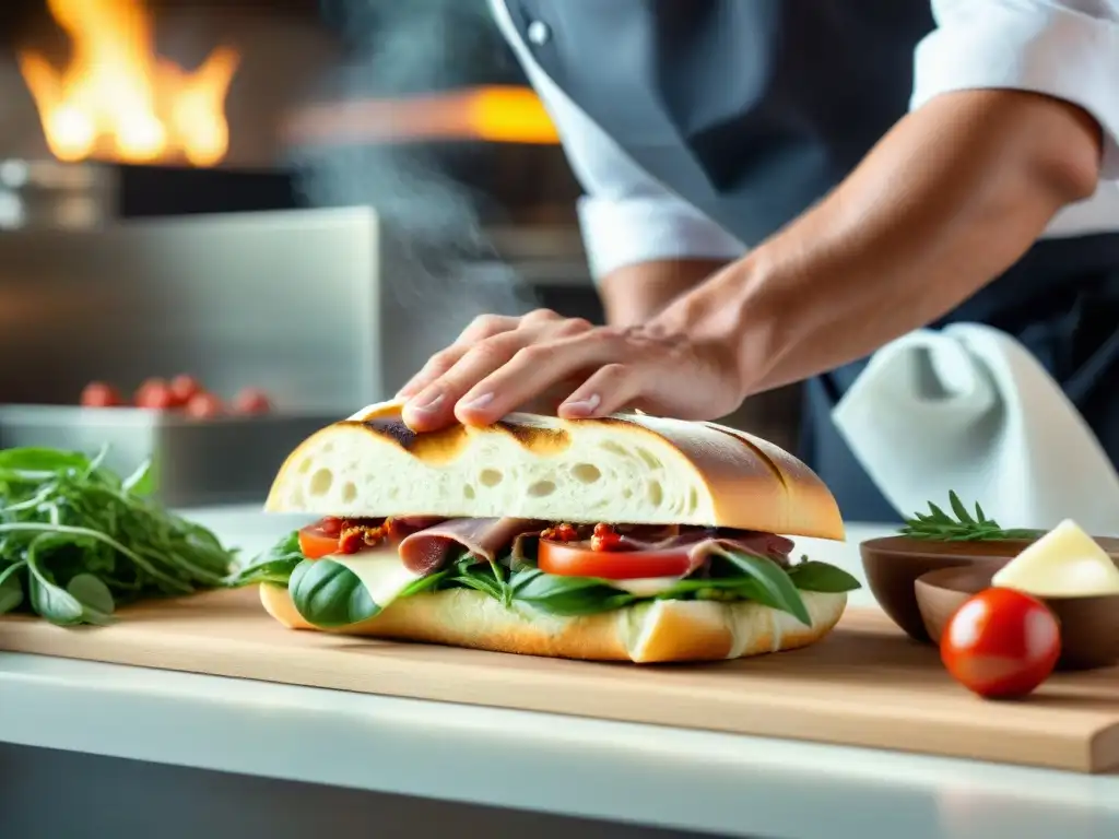 Un chef crea paninis innovadores en una bulliciosa cocina italiana