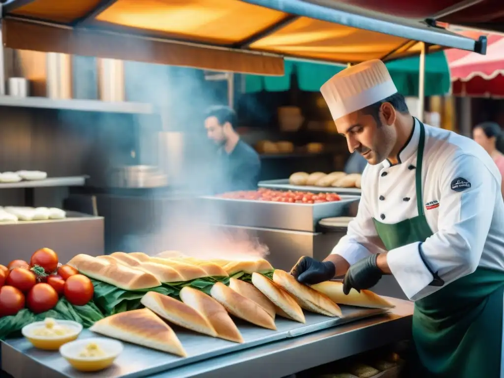 Un chef crea paninis innovadores en un bullicioso mercado italiano, fusionando tradición e innovación en la comida rápida