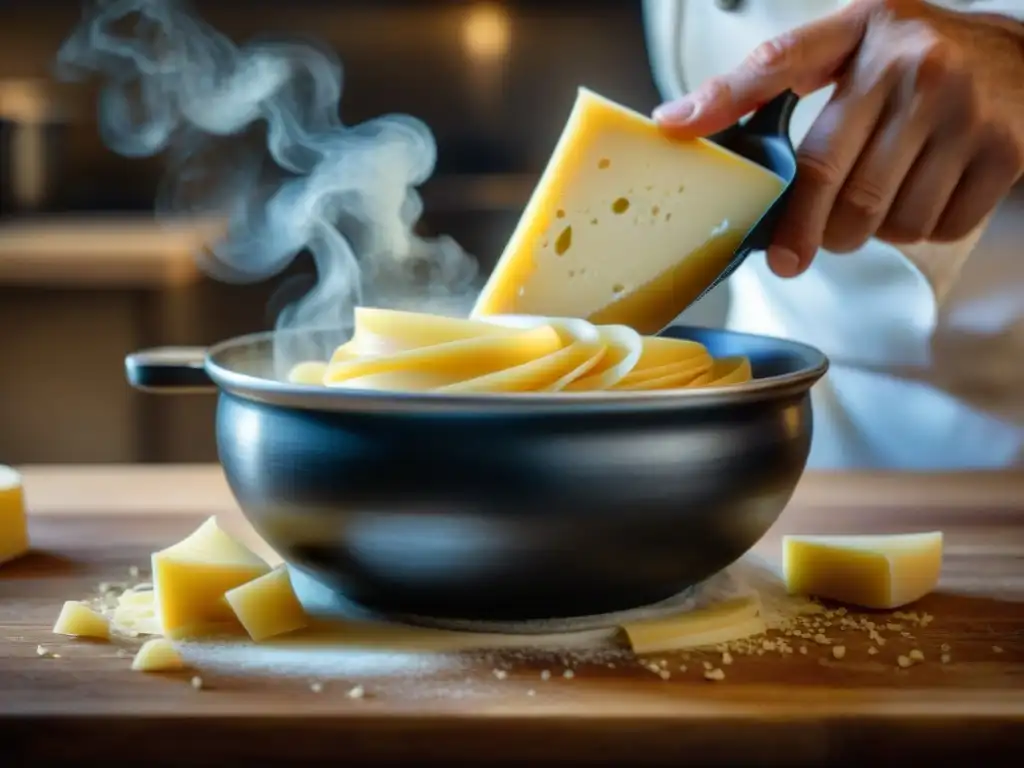 Chef rallando Parmigiano Reggiano sobre pasta en cocina italiana, revelando secretos y aromas