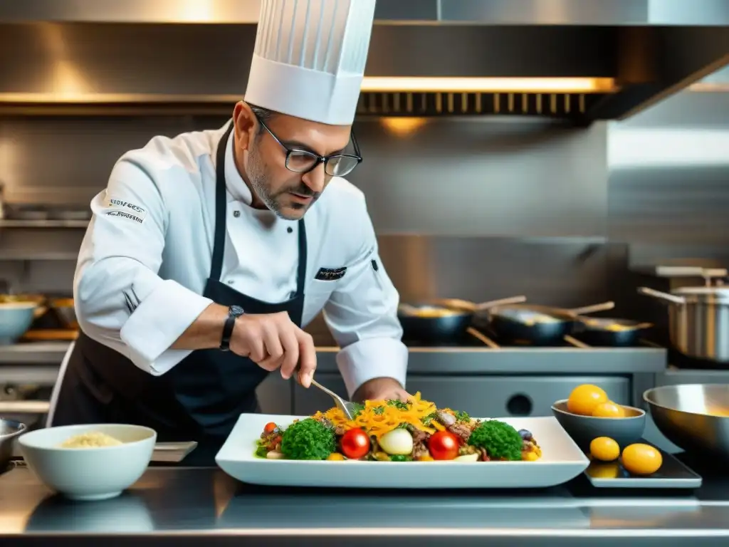 Chef Moreno Cedroni prepara con pasión un plato italiano en su innovadora cocina, reflejando la historia de éxito en la cocina italiana