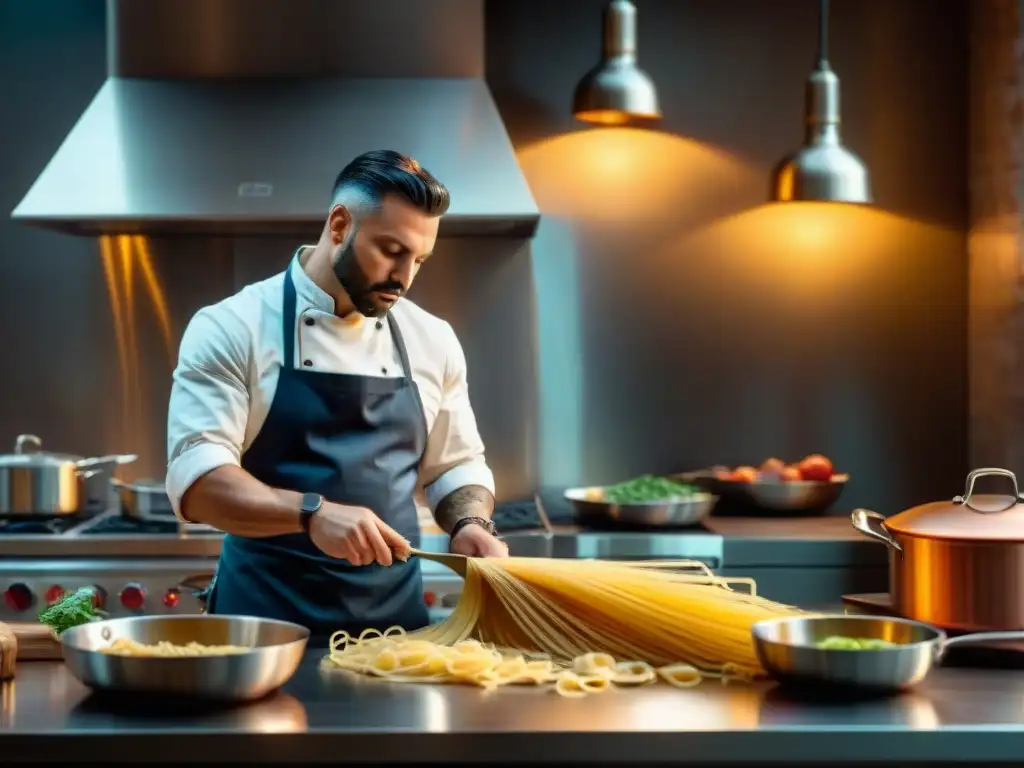 Chef preparando pasta en cocina italiana tradicional vs contemporánea