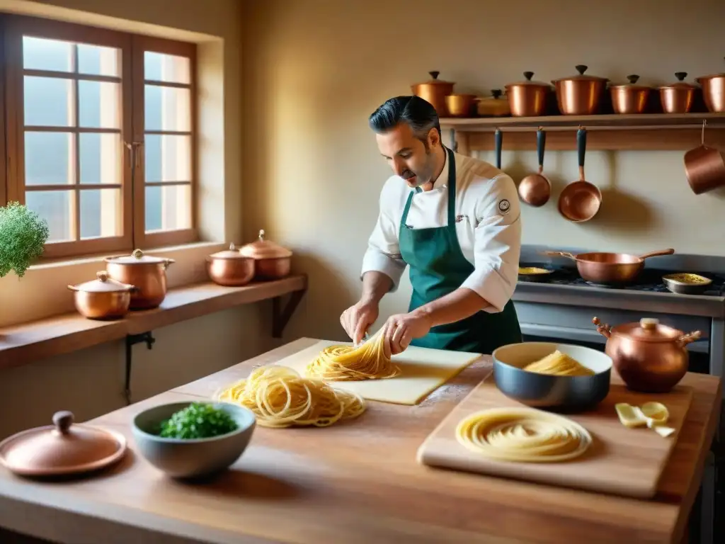 Cocina italiana tradicional: chef preparando pasta con encanto rústico Un chef prepara pasta en una cocina tradicional italiana acogedora