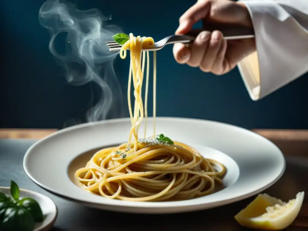 Chef preparando Cacio e Pepe con pasta al dente en salsa cremosa