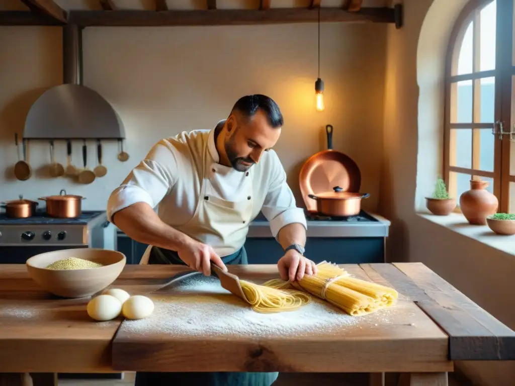 Un chef amasa pasta fresca en una cocina italiana rústica con platos regionales italianos auténticos