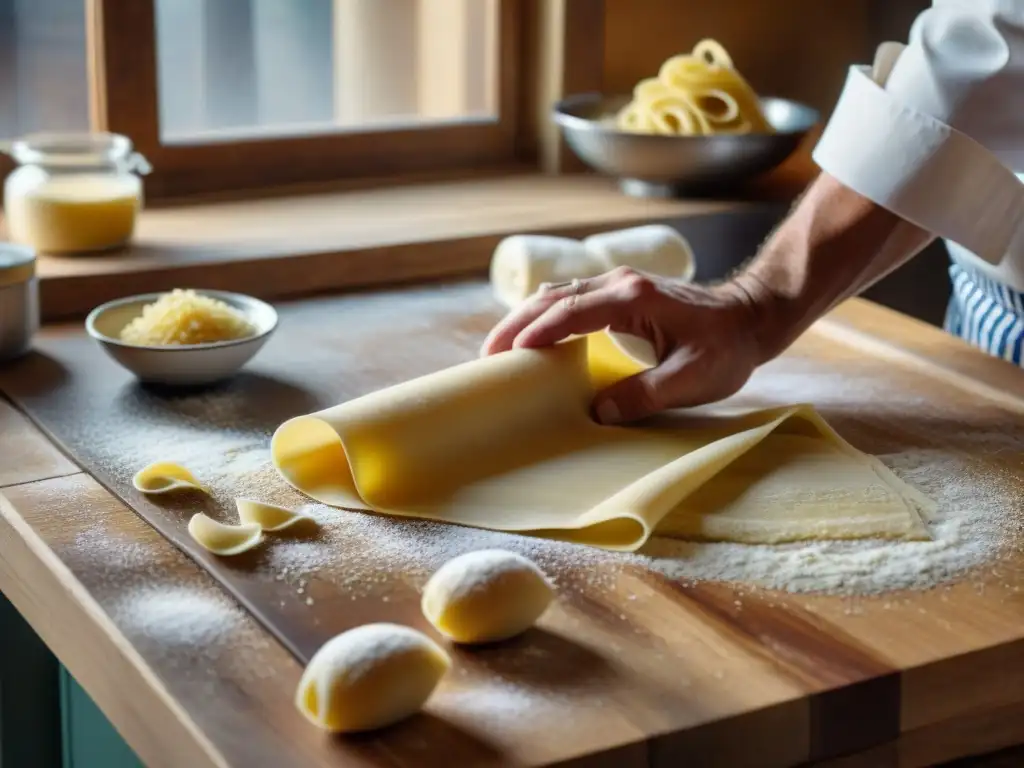 Chef amasando pasta fresca en cocina italiana, detalle artesanal