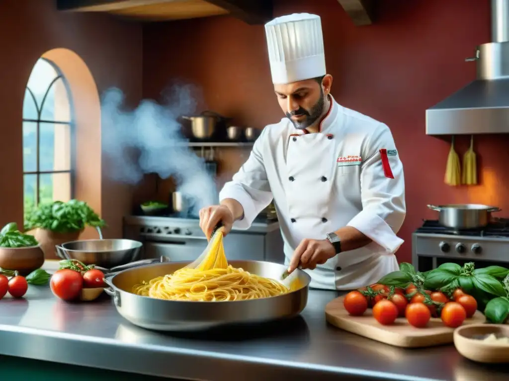 Chef preparando pasta fresca en cocina italiana con ingredientes frescos