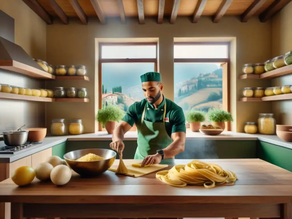 Un chef amasando pasta fresca en una cocina italiana rústica, con especias coloridas y hierbas frescas en estantes de madera