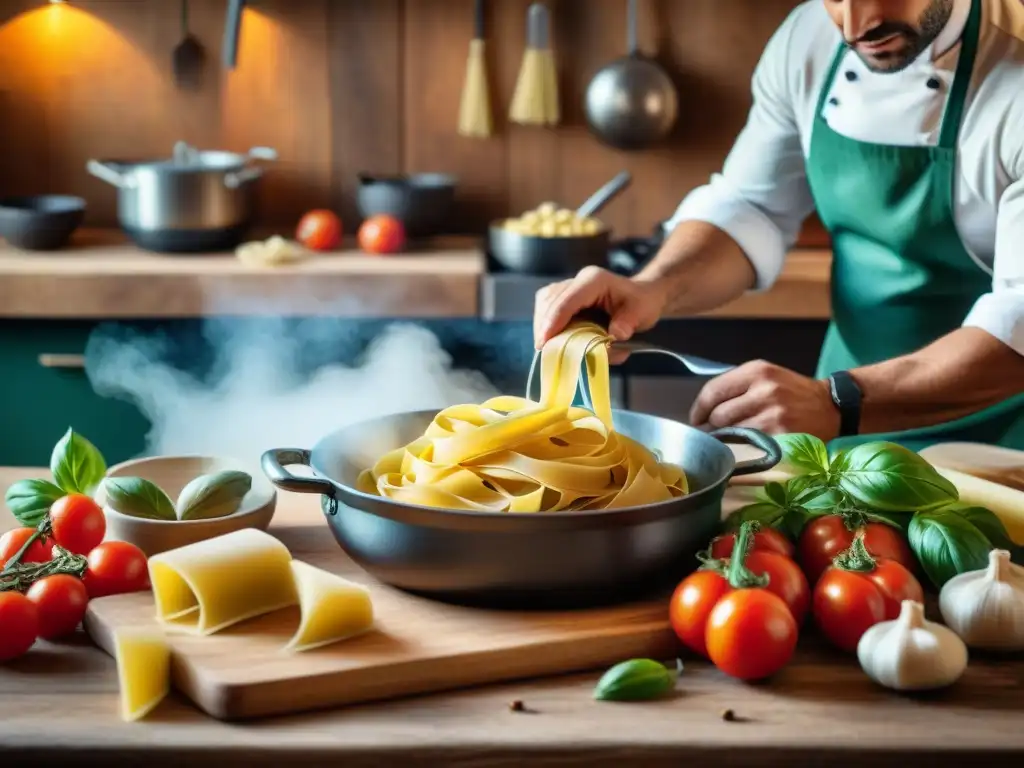 Un chef preparando pasta fresca en una cocina italiana tradicional, rodeado de ingredientes frescos