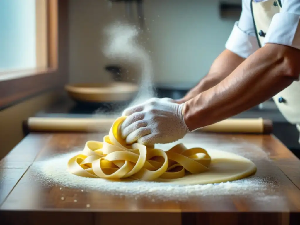 Chef amasando pasta fresca con destreza en encimera de madera, luz natural iluminando, experiencia única degustación pasta fresca