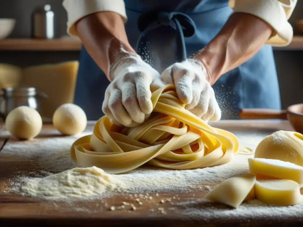 Chef amasando pasta fresca en encimera de madera, mostrando la artesanía de la pasta italiana paso a paso