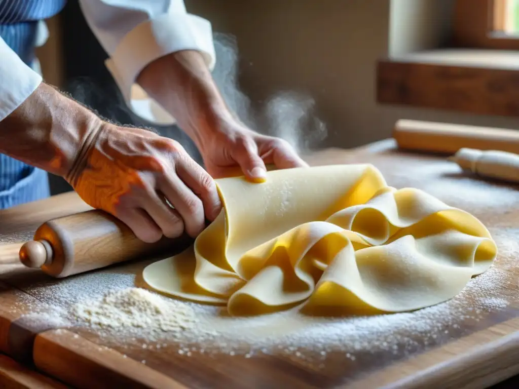 Chef modernizando la pasta fresca, con harina esparcida en la encimera de madera rústica y rodillo vintage al fondo