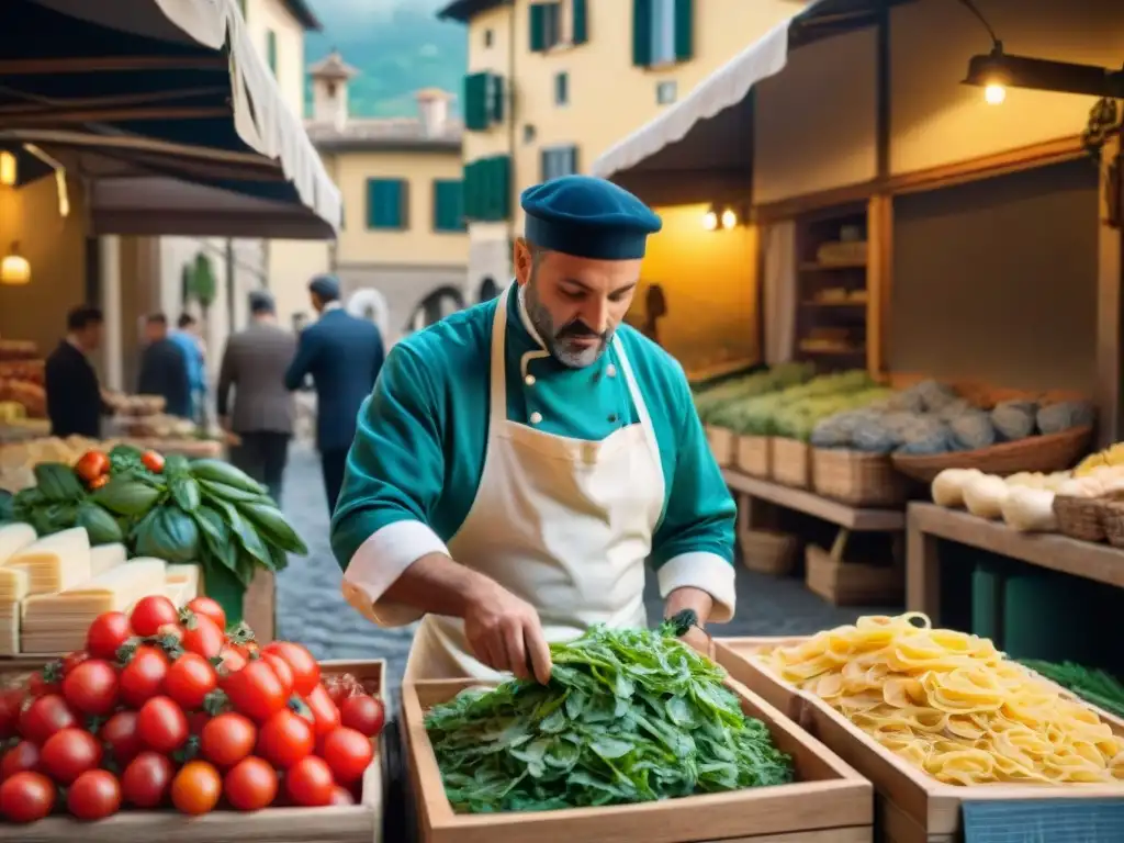 Un chef prepara pasta fresca rodeado de ingredientes típicos en un mercado al aire libre en Florencia