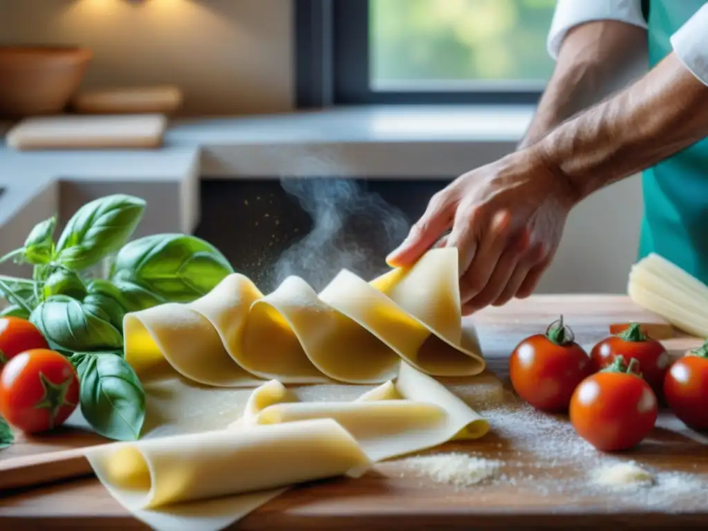 Un chef hábil prepara pasta fresca rodeado de ingredientes vibrantes