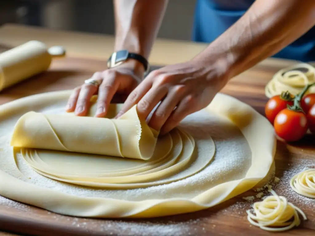 Chef elaborando pasta fresca con tatuajes de ingredientes italianos