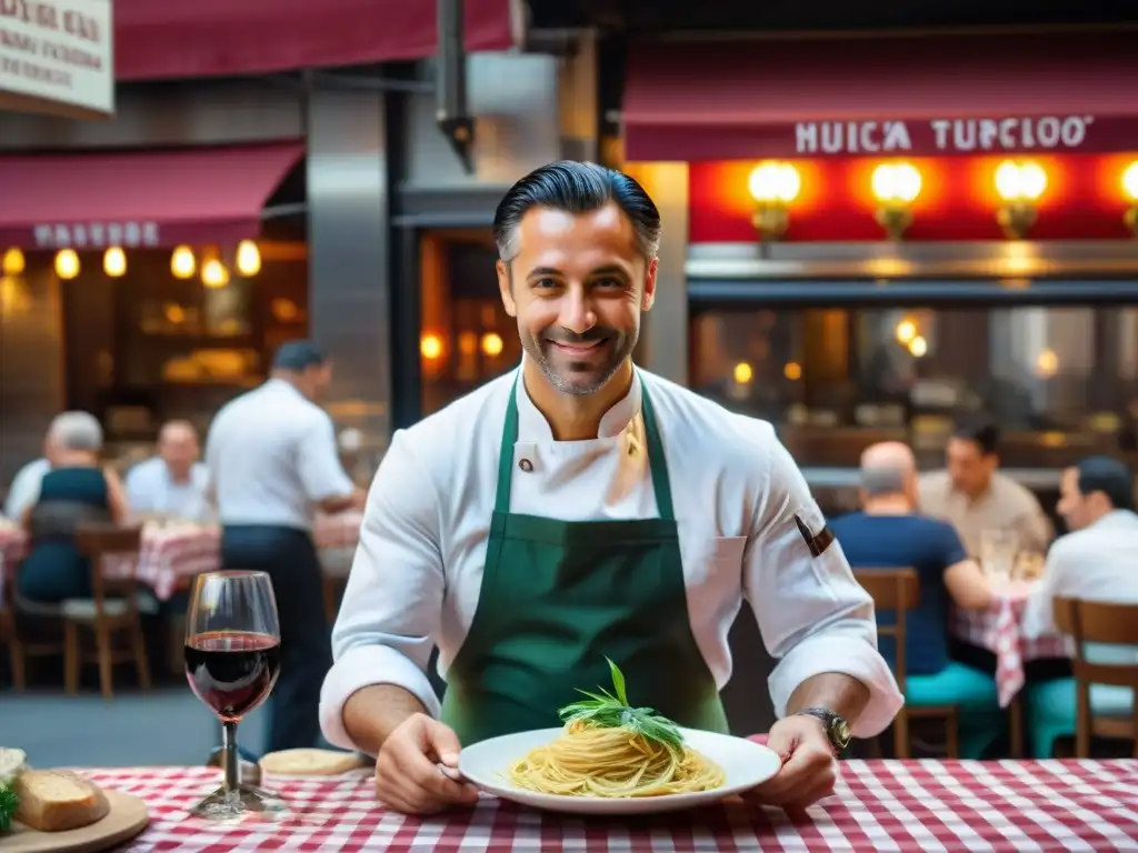 Chef preparando pasta fresca en una trattoria italiana en Nueva York, con ambiente acogedor y rústico