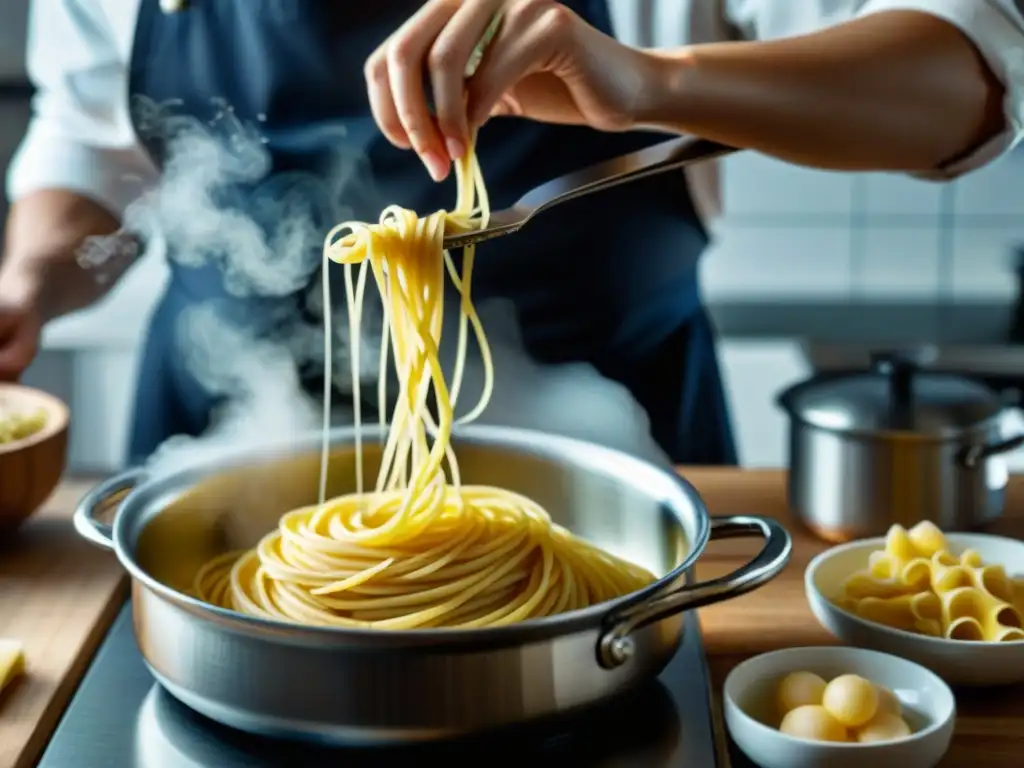 Un chef mide y vierte pasta en una olla de agua hirviendo en una cocina luminosa, destacando el proceso meticuloso de cocinar pasta al dente