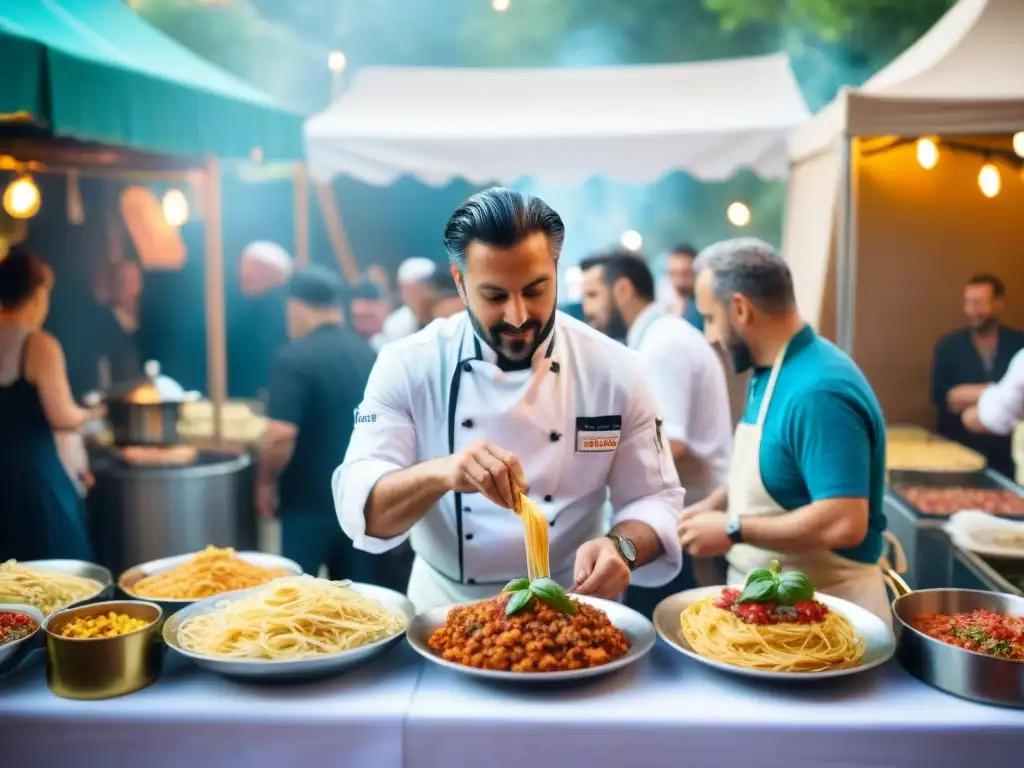 Chef preparando pasta y pizza en festivales de cocina italiana en vivo, con ambiente auténtico y colorido