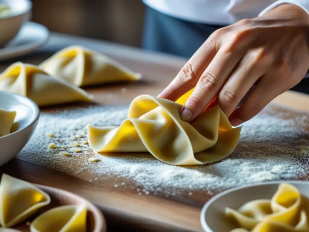 Un chef hábil preparando pasta rellena Agnolotti casera con destreza y precisión en una cocina profesional