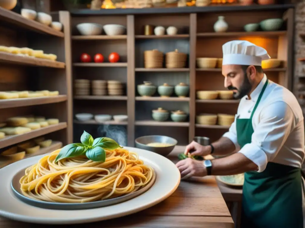 Un chef preparando pasta en restaurante familiar en la Toscana, rodeado de ingredientes frescos