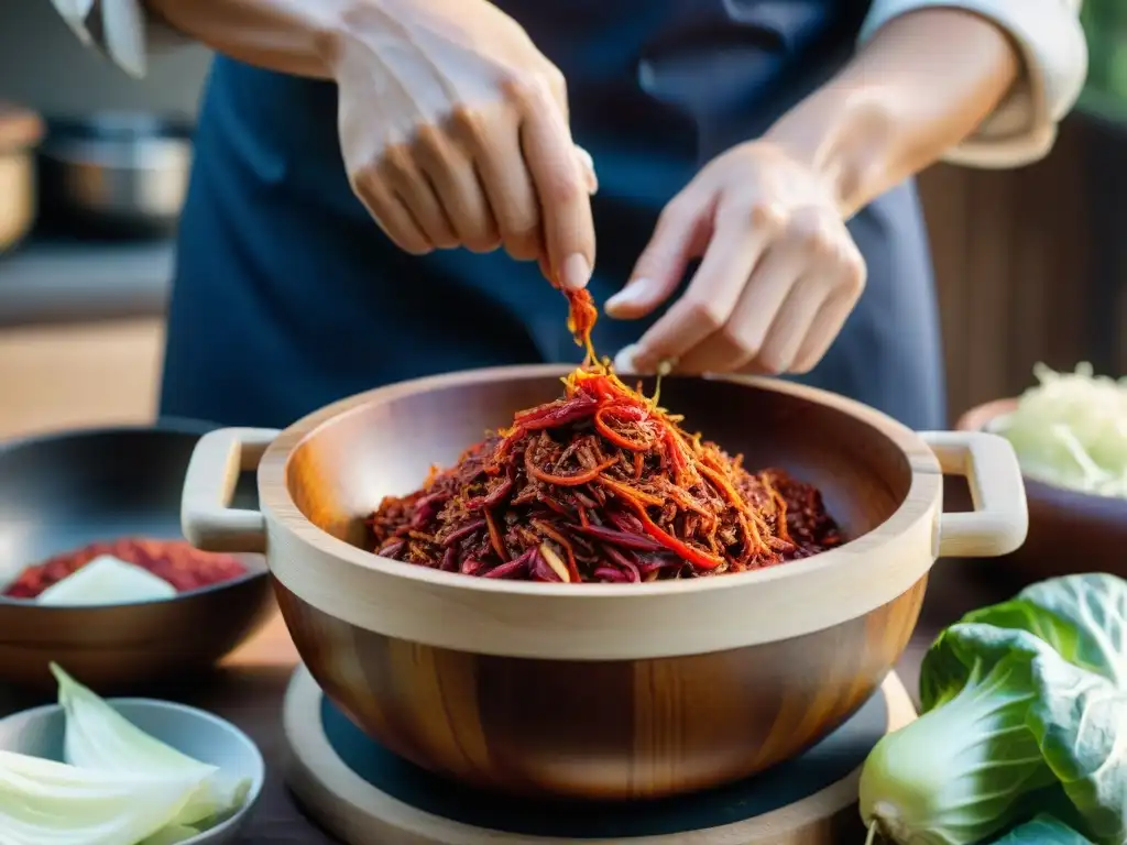 El chef mezcla pasta de chile rojo con col italiana en una vasija de fermentación de madera, creando una receta auténtica kimchi italiano