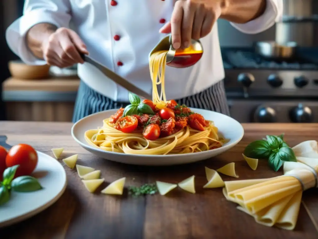 Chef preparando pasta al vodka receta italiana en cocina bulliciosa, con salsa roja vibrante y aromas tentadores