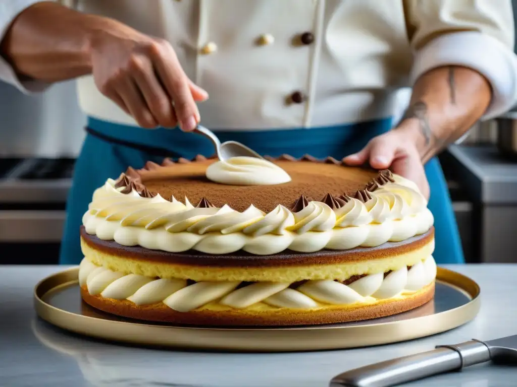 Un chef de pastelería francés influenciado por Italia decora con precisión un tiramisú, fusionando técnicas y culturas