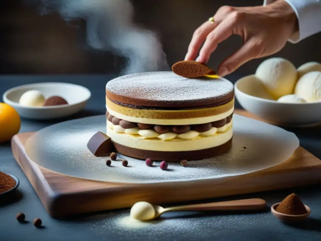 Un chef de pastelería francés influenciado por Italia elabora un Tiramisú clásico en un mercado italiano bullicioso